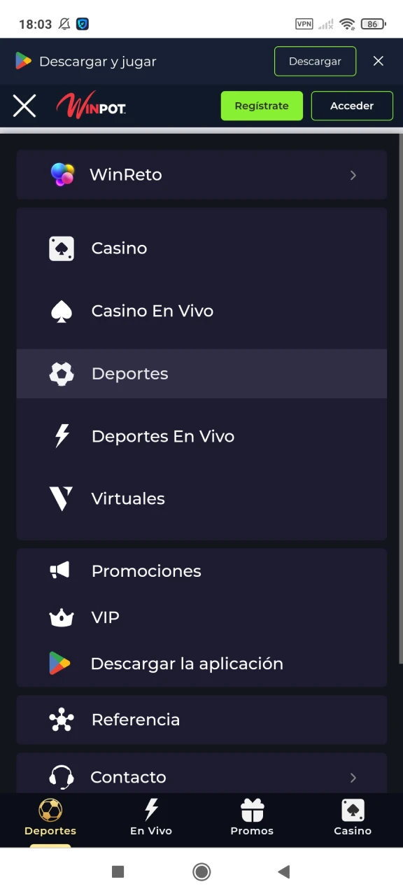 Visite el sitio web de Winpot para descargar la aplicación en Android.