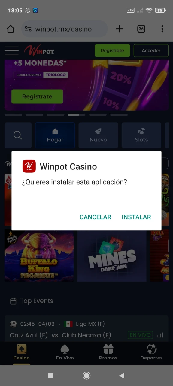 Instale la aplicación Winpot en Android.