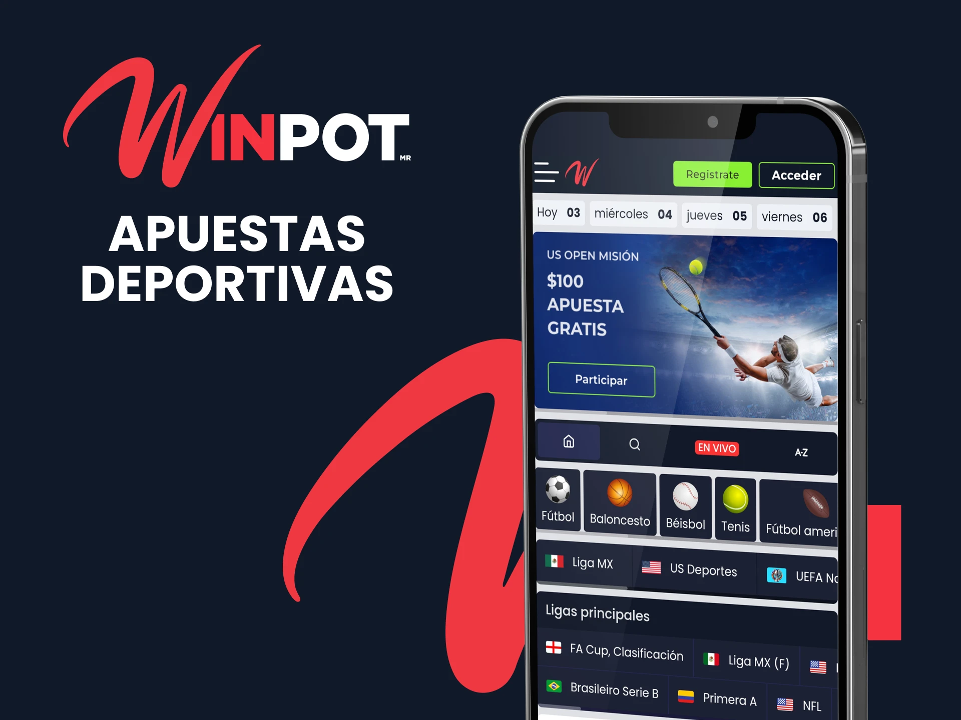 Puede realizar apuestas deportivas utilizando la aplicación Winpot.