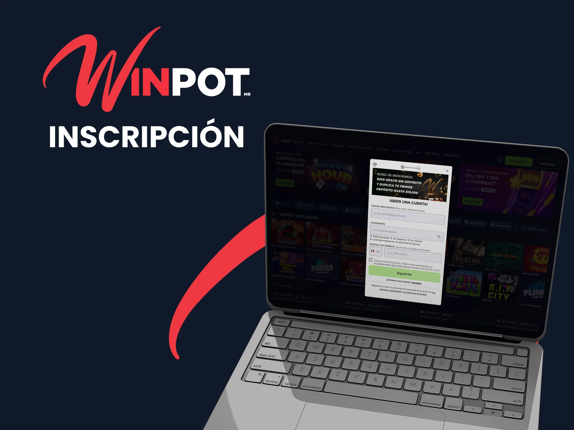 Regístrese en el sitio web de Winpot.